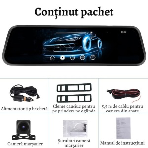 Camera de bord auto tip OGLINDA WiFi 4K , Fata 4K + spate 1080P, Touch Screen de 9,66 inch, Carplay si Android auto, Transmitator FM, Senzor-G, Night-Vision , Negru deschis, NAVIGATIE UNIVERSALA - Img 6