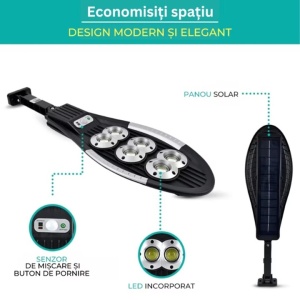 Lampa Solara Stradala cu Telecomanda, Cu Panou Solar Incorporat, De Exterior, 156 COB 6 LED, cu Senzori de Amurg, Miscare si Lumina, IP65 Wateproof, 3 Moduri Functionare, Brat de Montare Inclus, Negru - Img 8