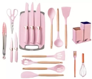 Set ustensile de bucatarie 19 piese, Silicon alimentar si Lemn, Rezistente la caldura,cu suport depozitare si tocator inclus - Img 4