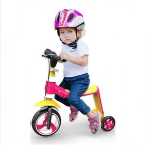 Trotineta ride-on convertibila 2in1: tricicleta si trotineta, cu frane, Galben-Roz - Img 2
