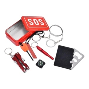 Kit supravietuire SOS 7in1, toate accesoriile necesare intr o cutie metalica - Rosu - Img 6