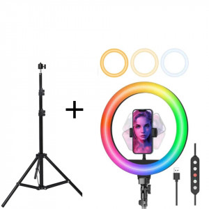 Lampa Circulara LJJ-22, Ring Light , 56cm/22Inch, LED, Trepied Extensibil, 9 Trepte Reglaj, Multicolor - Img 3