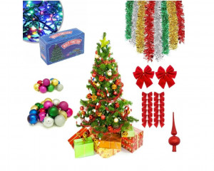 Oferta Brad Artificial de Craciun 210 cm, Suport Inclus + Cadou Accesorii Impodobit- Instalatie Colorata 100Led, 24 Globulete, 1 Beteala, 1 Varf Brad si 12 Fundite Rosii - Img 6