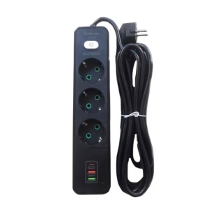 Prelungitor Electric 3 Prize Schuko, Cablu 2,5m + 2x USB + 1x Type-C, Cu Intrerupator, Protectie Copii, Material Ignifug 750°C, Negru
