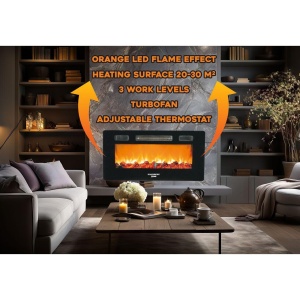 Semineu electric de perete Hausberg HB-8225, 1800W, Telecomanda, 3 Niveluri de lucru, Turboventilator, Elect de flacara led culoare portocalie, Termostat reglabil, Fier + sticla - Img 4