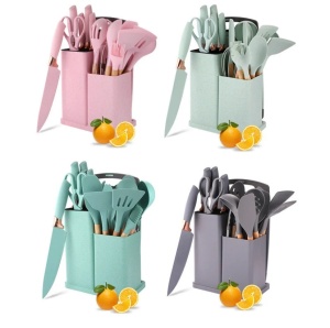 Set ustensile de bucatarie 19 piese, Silicon alimentar si Lemn, Rezistente la caldura,cu suport depozitare si tocator inclus