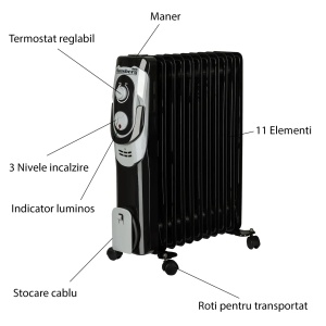 Calorifer electric Hausberg HB-8920NG, 2500 W, 11 elementi, 3 nivele de putere, termostat reglabil, Negru - Img 5