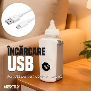 Incalzitor de biberoane , 6 niveluri de temperatura, marime ajustabila diverse biberoane, senzor de temperatura, display digital, incarcare USB, 15x7cm, alb-gri - Img 5