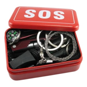 Kit supravietuire SOS 7in1, toate accesoriile necesare intr o cutie metalica - Rosu - Img 1