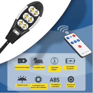 Lampa Solara Stradala cu Telecomanda, Cu Panou Solar Incorporat, De Exterior, 156 COB 6 LED, cu Senzori de Amurg, Miscare si Lumina, IP65 Wateproof, 3 Moduri Functionare, Brat de Montare Inclus, Negru - Img 2