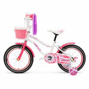 Bicicleta Copii 12 inch-A, Alb cu Aparatoare si Cosulet Roz, cu Roti Ajutatoare, varsta 4-6 ani