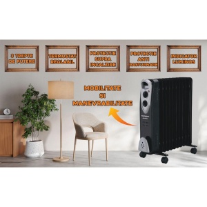 Calorifer electric Hausberg HB-8913NG, 2500 W, 13 elementi, 3 trepte de putere, Termostat reglabil, Protectie supra-incalzire, Protectie anti-rasturnare, Indicator luminos, Negru - Img 7