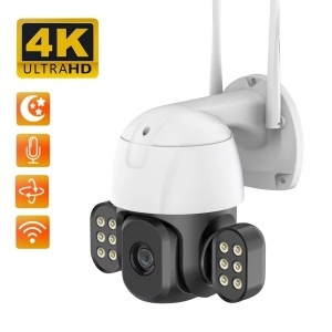 Camera de supraveghere WIFI 8 MP, 12 LED, exterior/interior, Ultra HD 4K, 4X zoom, rotire, leduri lumina, comunicare bidirectionala, stocare card/cloud, senzor miscare, Alb
