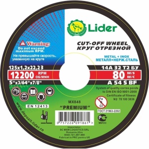 Disc abraziv pentru metal/inox, 125x1.2x22.3 mm, LIDER, MX848