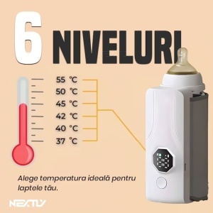 Incalzitor de biberoane , 6 niveluri de temperatura, marime ajustabila diverse biberoane, senzor de temperatura, display digital, incarcare USB, 15x7cm, alb-gri - Img 2