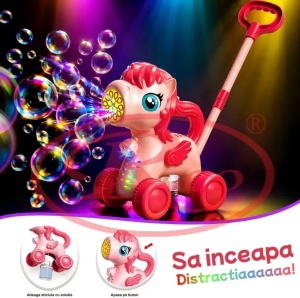Jucarie interactiva 2 in 1 de impins cu baloane de sapun si lumini LED Unicorn - Img 2
