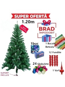 Oferta Brad Artificial de Craciun 120 cm, Suport Inclus + Cadou Accesorii Impodobit- Instalatie Colorata 100Led, 24 Globulete, 1 Beteala, 1 Varf Brad si 12 Fundite Rosii