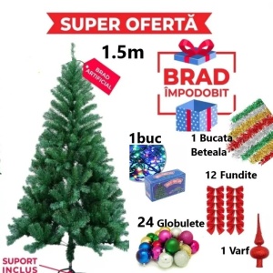 Oferta Brad Artificial de Craciun 150 cm, Suport Inclus + Cadou Accesorii Impodobit- Instalatie Colorata 100Led, 24 Globulete, 1 Beteala, 1 Varf Brad si 12 Fundite Rosii