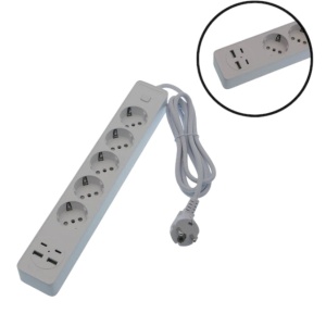 Prelungitor , 5 prize, 2 porturi USB, 2 porturi Type-C, buton On/Off, 2m lungime
