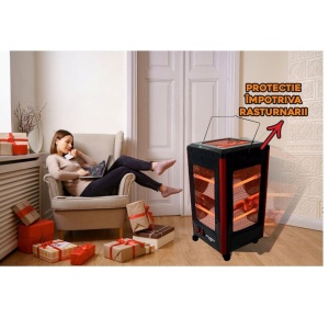Radiator electric Hausberg HB-8802NG, 2200W, 5 niveluri de putere, incalzire in 5 directii, roti deplasare, maner pentru transport, protectie pentru rasturnare, Negru - Img 12