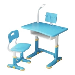 Set birou si scaunel din plastic ultra-rezistent, pentru copii, cu lampa LED, inaltime reglabila, albastru.