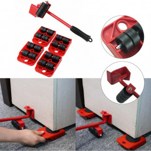 Set levier cu role + 4 suporti pivotanti cu role pentru ridicat si mutat obiecte grele, 4 x 150 kg, dispozitiv din otel inoxidabil pentru mutat mobila