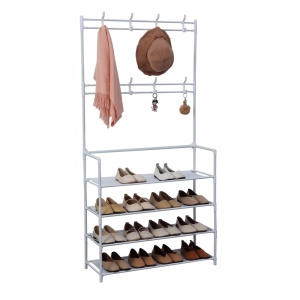 Suport Depozitare, Cuier haine cu suport pantofi, ALB,Marime 60 X 29,5 X 154CM