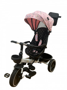 Tricicleta Pliabila SL01, Culoare Roz Imprimeu Litere, Cu Scaun Rotativ si Pozitie de Somn