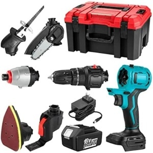 Trusa ,Set 8 Scule Electrice Inclus Surubelnita/Burghiu cu Percutie/Polizor/Ferastrau Sabie/Ferastrau cu Lant/Convertor Power Bank/Gazda Fara Perii, Acumulatori 21V, Incarcator Etc
