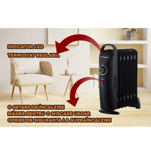 Calorifer electric cu ulei HAUSBERG HB-8940, o singura treapta de incalzire, 800-1000 W, 7 elementi 110 mm x 330 mm, termostat reglabil, maner si rotite pentru o deplasare facila, indicator luminos functionare, negru - Img 2