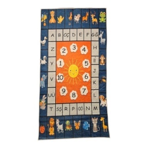 Covor pentru activitati, antiderapant, antistatic, model alfabet/animale/cifre, Poliester, Bleumarin/Portocaliu/Gri, 80cmX150cm
