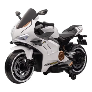 Motocicleta Electrica cu Acumulator Pentru Copii Super Rider GP , 12V ,3-7 ani ,Max 30 kg , Cu Sunete si Lumini LED ,USB si Bluetooth ,Roti ajutatoare , Alb