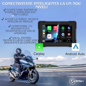 Navigatie GPS 5” pentru Motociclete, Android Auto & Apple CarPlay, Mirroring, Ecran IPS Tactil, Bluetooth Dual, FM Transmitter, Rezistenta la apa IP65, Control vocal, Suporturi Multiple - Img 4