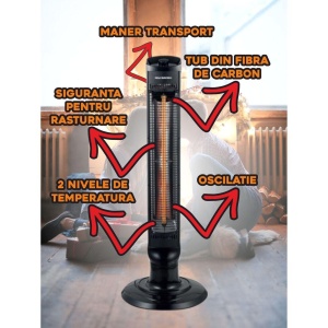Radiator electric tip Turn Hausberg HB-8561NG, 1000W, 2 nivele de temperature, tub din fibra de carbon, siguranta pentru rasturnare, oscilatie, maner transport, Negru - Img 4