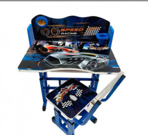 Set birou si scaunel, pentru copii, Birou cu scaun copii, colantat, reglabil, cadru metalic, model cu Masini de Curse Racing