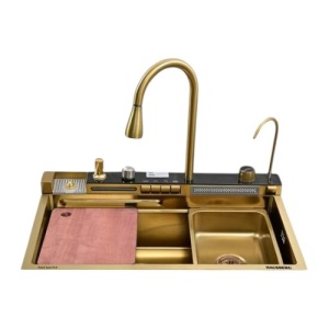Set chiuveta multifunctionala HAUSBERG HBC-9955AU din otel inoxidabil, baterie dubla, cuva perforata fructe/legume, cuva universala cu dop scurgere, tocator, 750x460x220 mm, accesorii incluse, Auriu - Img 2