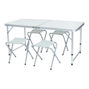 Set masa camping , pliabila cu 4 scaune, Portabila, Cadru metalic, Metal, Argintiu/Alb