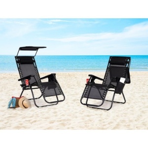 Set Scaun tip sezlong, pliabil, ajustabil, cu tetiera, cotiere, suport lateral si acoperis, culoare negru, 2 buc/set - Img 4