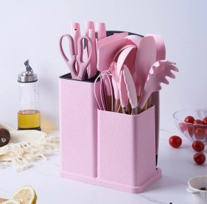 Set ustensile de bucatarie 19 piese, Silicon alimentar si Lemn, Rezistente la caldura,cu suport depozitare si tocator inclus - Img 2