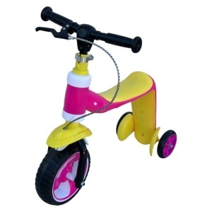 Trotineta ride-on convertibila 2in1: tricicleta si trotineta, cu frane, Galben-Roz - Img 3