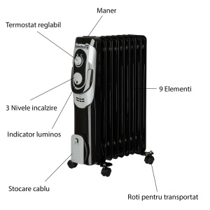 Calorifer electric Hausberg HB-8910NG, 2000 W, 9 elementi, 3 nivele de putere, termostat reglabil, Negru - Img 3