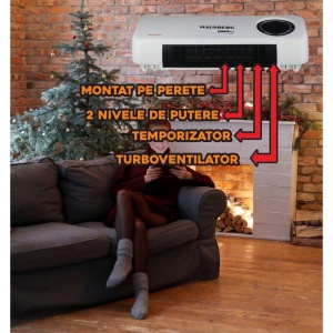 Convector electric digital de perete cu ventilator HAUSBERG HB-8217AB, 2000W, 2 Nivele de putere, Telecomanda, Temporizator, Alb - Img 3