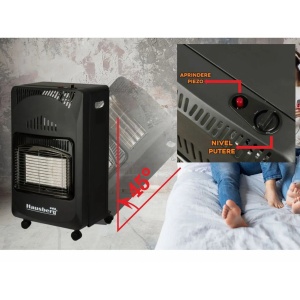 Pachet Soba pe gaz GPL Hausberg HB-1010NG, aprindere piezo-electrica, 4.2kW, Negru, Ceas butelie, 1m furtun gaz MN2015 si 2 coliere furtun - Img 4