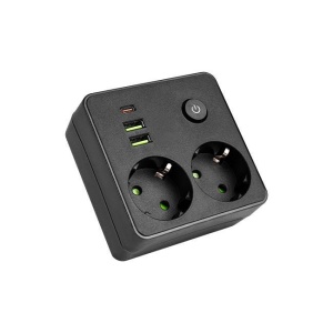 Priza 5-in-1 cu 2 prize, 2 USB, 1 Type-C, 2500W, negru