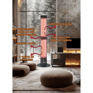 Radiator electric digital cu telecomanda Hausberg HB-8570NG, 3000W, 3 trepte incalzire, tub dublu din fibra de carbon, protectie IP45, termostat digital, Negru - Img 5