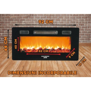 Semineu electric de perete Hausberg HB-8225, 1800W, Telecomanda, 3 Niveluri de lucru, Turboventilator, Elect de flacara led culoare portocalie, Termostat reglabil, Fier + sticla - Img 2