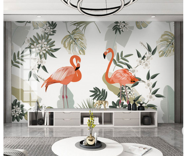 Fototapet Personalizat Flamingo in Frunze Verzi