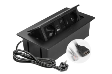 Priza incorporabila in blat 2xSchuko, 2 USB (A+C), RJ45, HDMI, cablu 1.5m, negru