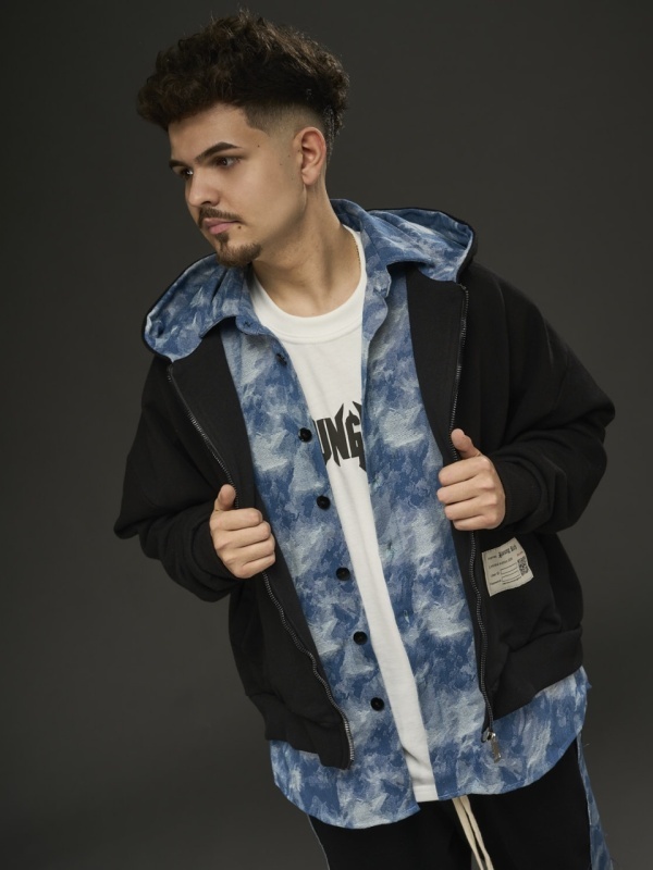 Hanorac zipp negru/detaliu tip camasa blue YR - Img 4