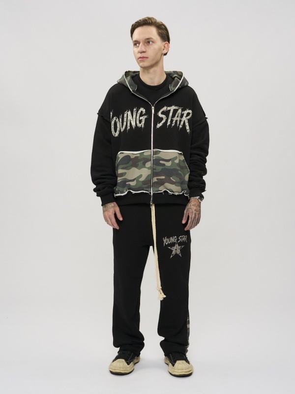 Hanorac negru zipp pocket camo star - Img 2